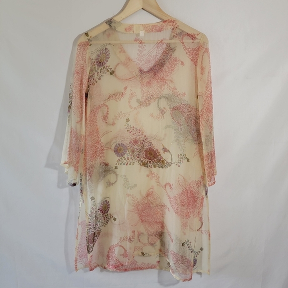 Beautiful Colorful Floral Beach Cover-Up Sz 42/M-L Silk Half Sleeve Sheer Beachy - Picture 2 of 12